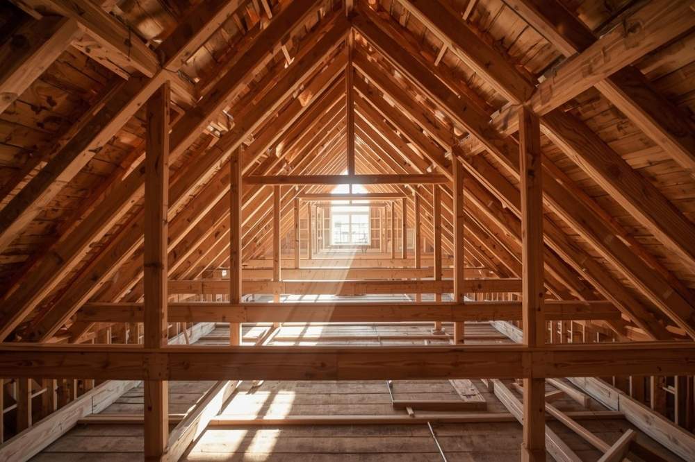 Imponująca i skomplikowana konstrukcja więźby dachowej płatwiowo-kleszczowej w domu jednorodzinnym w trakcie budowy.