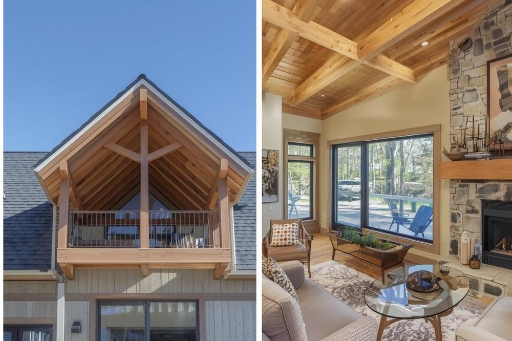 Tekst alternatywny (ALT): Porównanie zastosowań drewna klejonego: konstrukcja dachu z drewna KVH oraz widoczna belka dekoracyjna z drewna BSH.