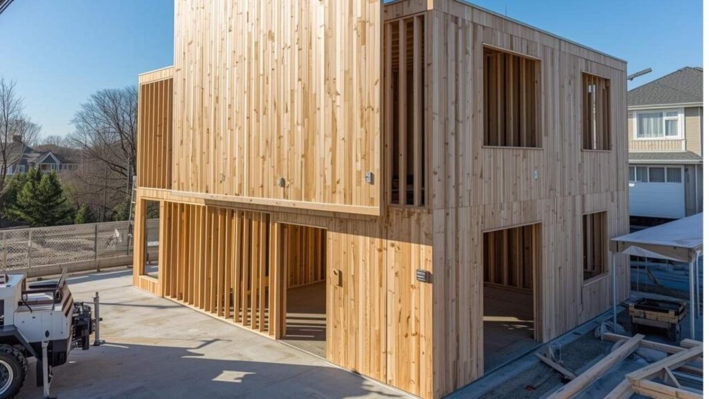 Nowoczesna budowa domu w technologii drewna klejonego krzyżowo CLT, z dźwigiem precyzyjnie montującym prefabrykowany panel ścienny.